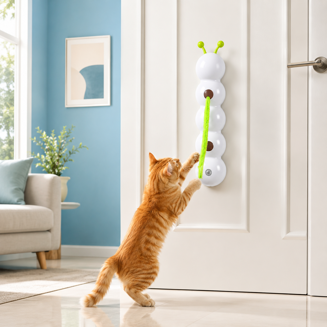 Cat playing with HuntTail Pro mounted on door