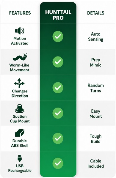 HuntTail Pro verified product features including motion activation, directional movement, suction cup mounting, ABS shell, and USB recharging